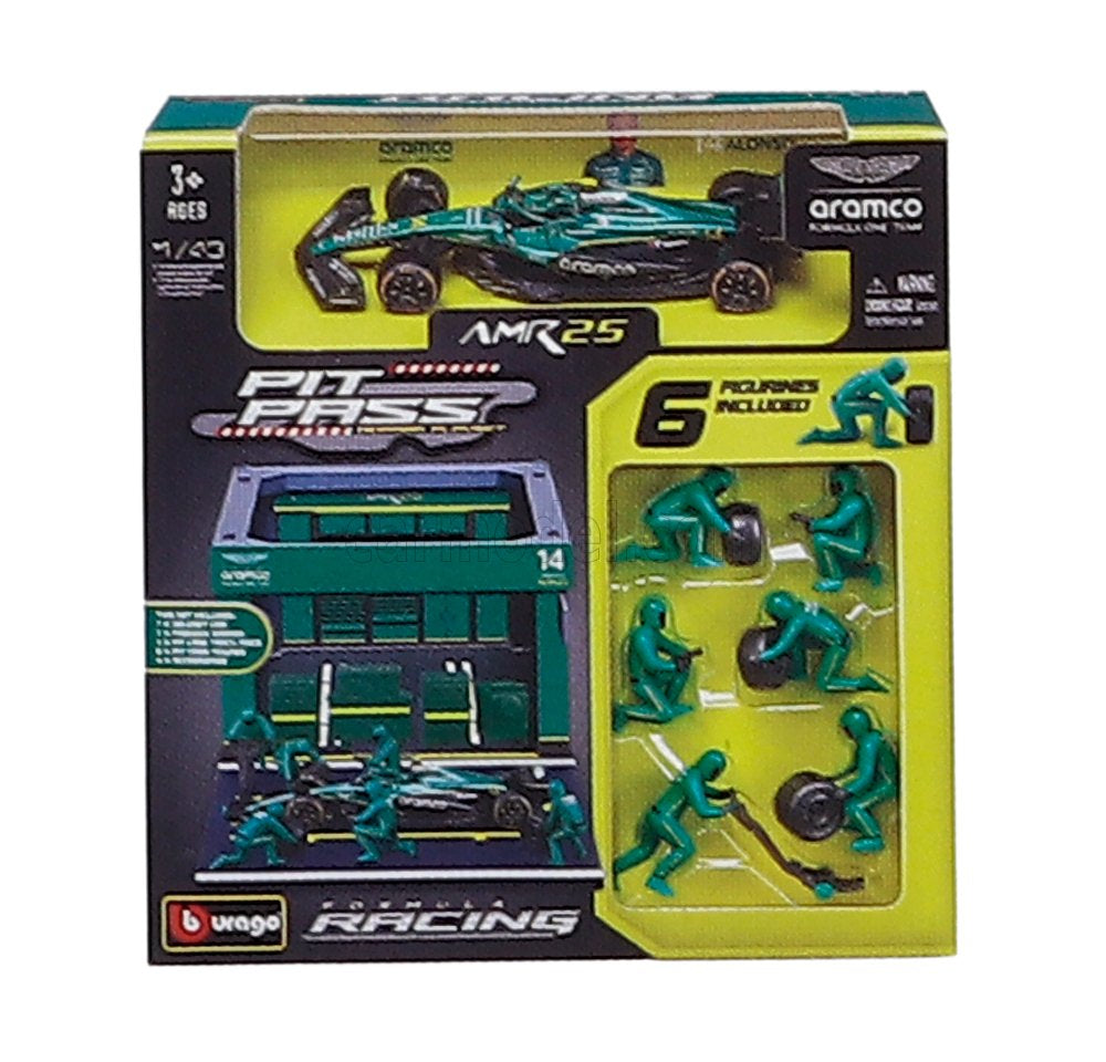 Burago 38460A Aston Martin F1 AMR25 2025 Pit Pass Diorama Alonso, 1:43 Scale