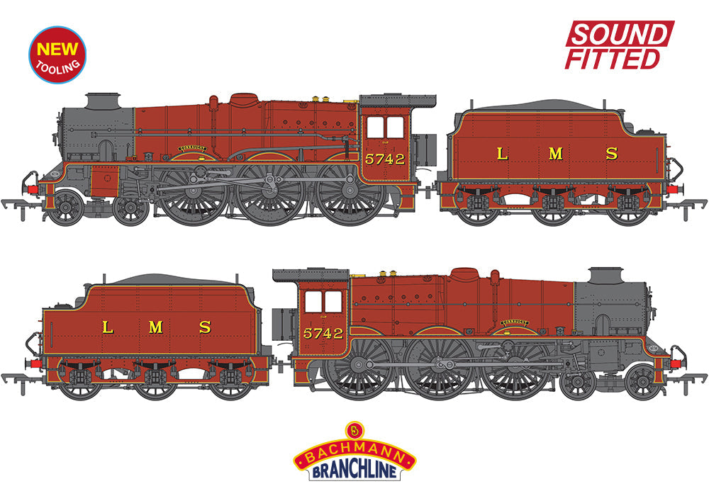 Bachmann 35-975SF LMS Jubliee with Double Chimney & Riveted Stanier Tender 5742 'Connaught' LMS Crimson Lake SOUND FITTED OO Gauge *PRE ORDER £276.21*