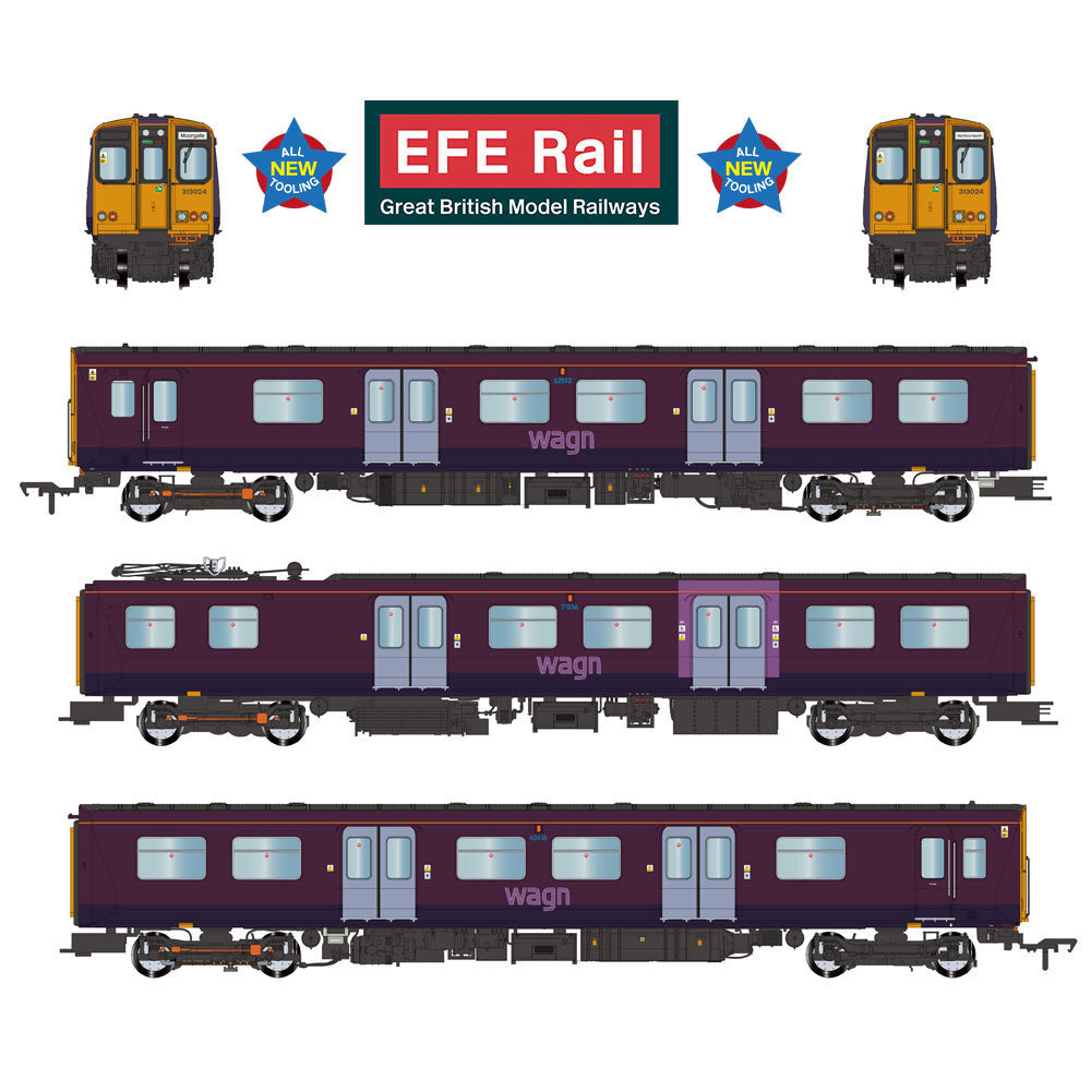EFE Rail E81007 Class 313 3-Car EMU 313024 West Anglia Great Northern (WAGN) Purple OO Gauge *PRE ORDER £297.46*