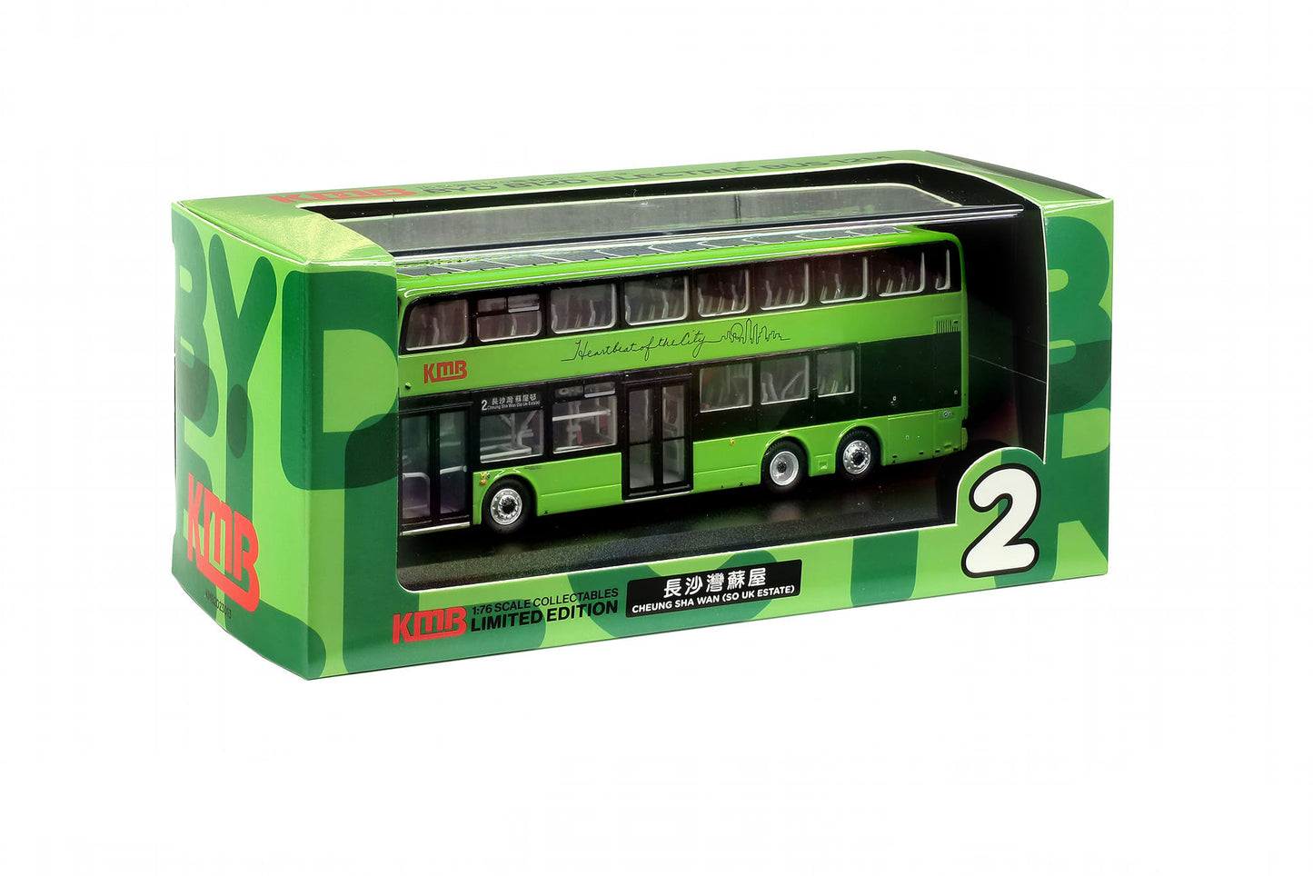 80m KMB2023013 KMB Kowloon Motor Bus BYD B12D Rte 2 1:76 Scale