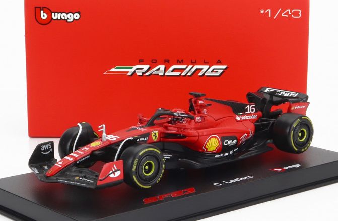 Burago 36835L Ferrari F1 #16 Charles Leclerc 2023 Season Car w/Helmet and Case, 1:43 Scale
