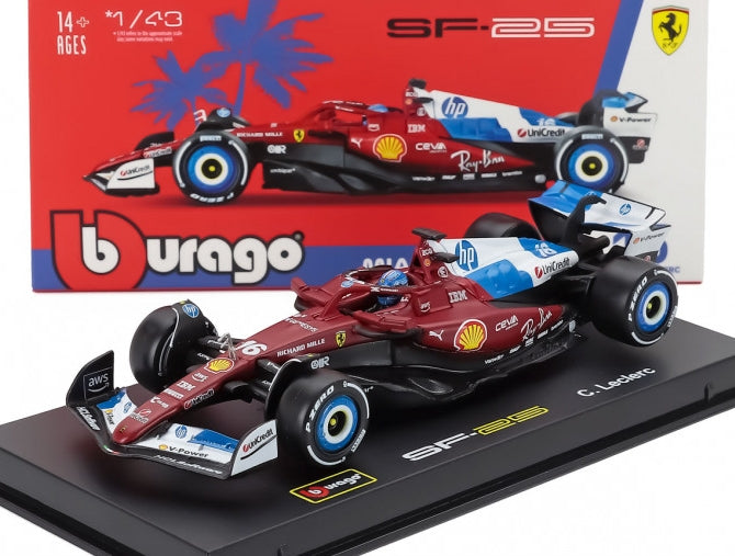 Burago 36852-16-MIAMI Ferrari F1 SF-25 #16 Miami GP 2025 Charles Leclerc w/Driver + Case, 1:43 Scale