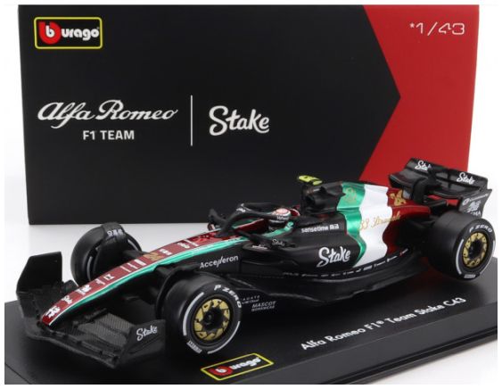 Burago 38086-24-VET Alfa Romeo F1 C43 Team Stake #24 Monza Italy GP 2023 Guanyu Zhou w/Driver/Case 1:43 Scale *PRE ORDER £25.19*