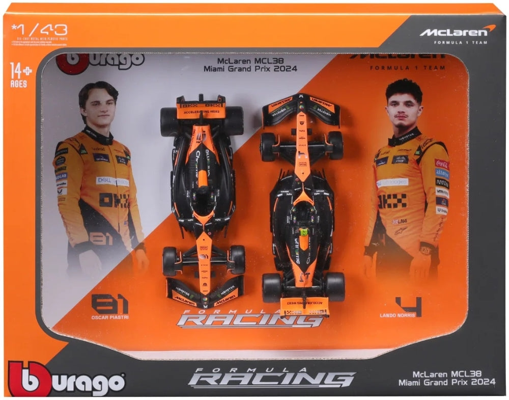 Burago 38109 McLaren F1 MCL38 #4 Lando Norris + #81 Oscar Piastri 2024 2 Car Set 1:43 Scale *PRE ORDER £19.94*