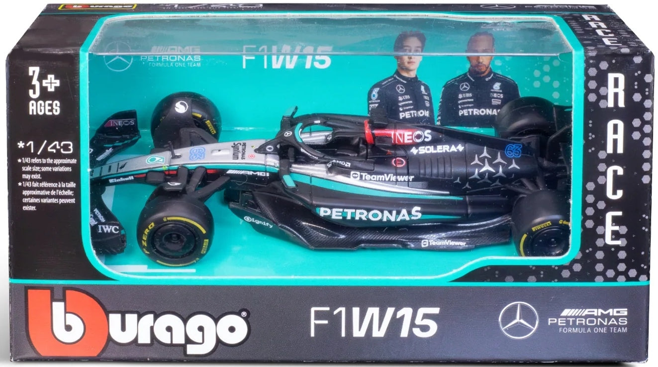 Burago 38176R Mercedes F1 W15 F1 2024 Russell Card Box, 1:43 Scale