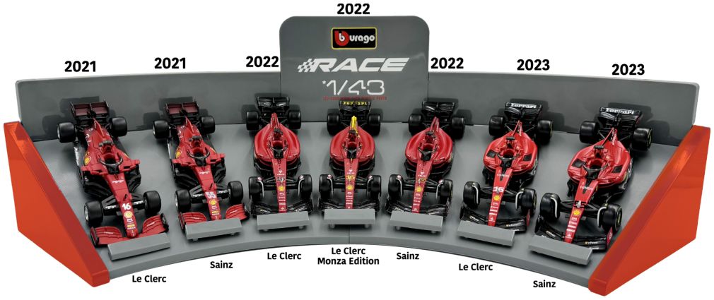 Burago FERRARIF1SET01 Ferrari F1 7 Car Set 2021 SF21/2022 F1-75 /2023 SF-23, 1:43 Scale