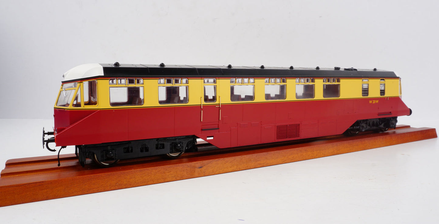 Heljan 1903 GWR AEC diesel railcar in BR crimson and cream with white cab roofs, O Gauge