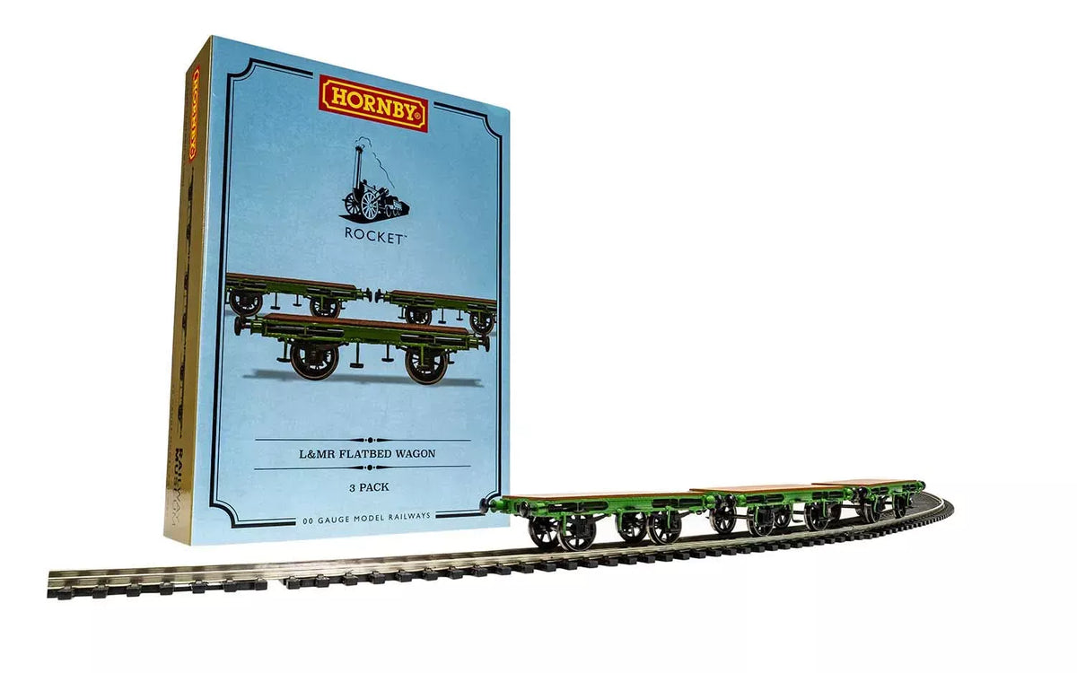 Hornby R60014 Flat Bed Wagon Pack containing 3 x Flat Bed wagons (Stephenson's Rocket) - OO Gauge *LAST ONE**