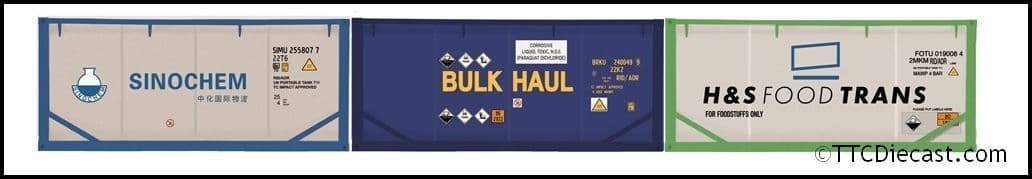 Hornby R60129 Sinochem, Bulk Haul & H&S Foodtrans 3 x 20' Tanktainers Era 11, OO Gauge