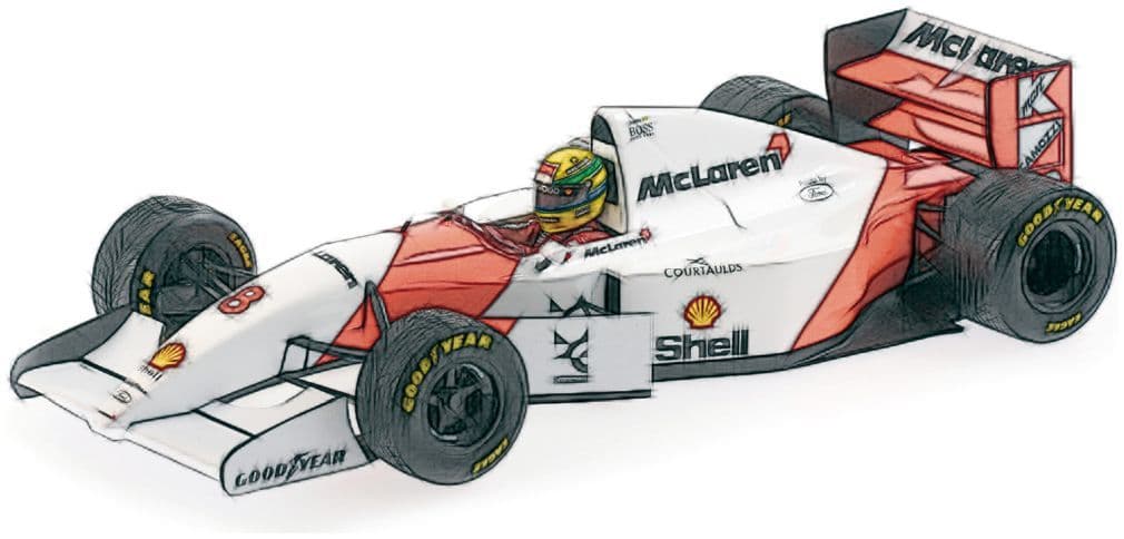 Minichamps 540 933328 Mclaren Ford Mp4/8, Dirty Version 1993 A. Senna European Gp Winner 1:43 Scale *PRE ORDER £76.49*
