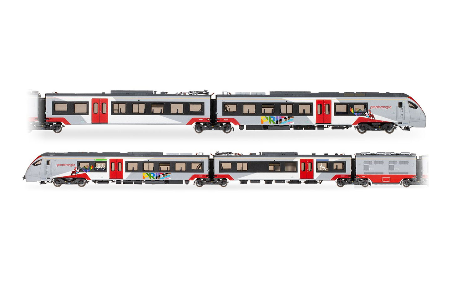 Hornby R30446 Greater Anglia Class 755-4 FLIRT 4 Car Pride Livery Train Pack, OO Gauge