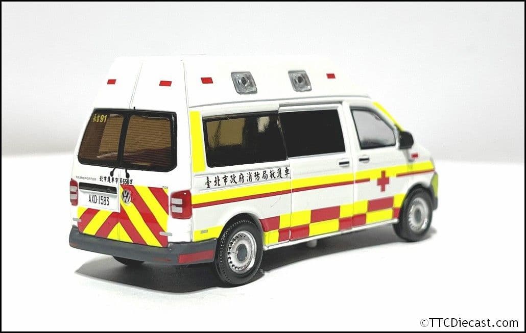 Tiny ATCTW64030 (TW50) VW T6 Transporter Ambulance Taiwan Taipei City Fire Dpt, 1/64 - LAST FEW