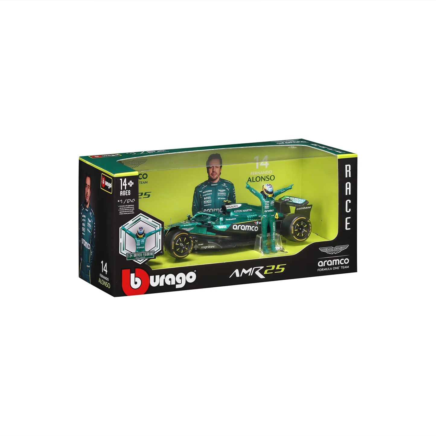 Burago 28071A Aston Martin F1 AMR 25 #14 Fernando Alonso 2025 w/Figure 1:24 Scale *PRE ORDER £31.49*