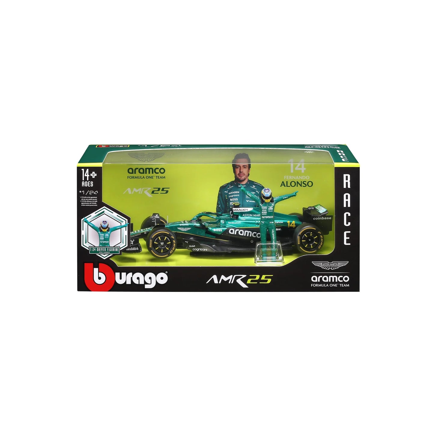 Burago 28071A Aston Martin F1 AMR 25 #14 Fernando Alonso 2025 w/Figure 1:24 Scale *PRE ORDER £31.49*