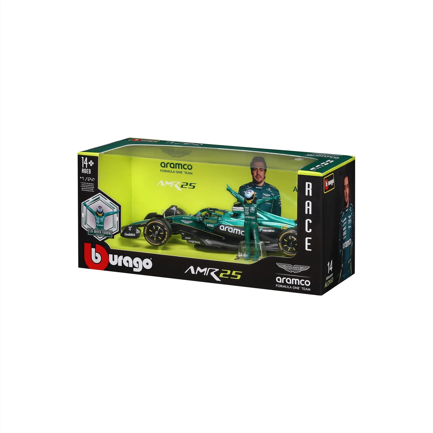 Burago 28071A Aston Martin F1 AMR 25 #14 Fernando Alonso 2025 w/Figure 1:24 Scale *PRE ORDER £31.49*