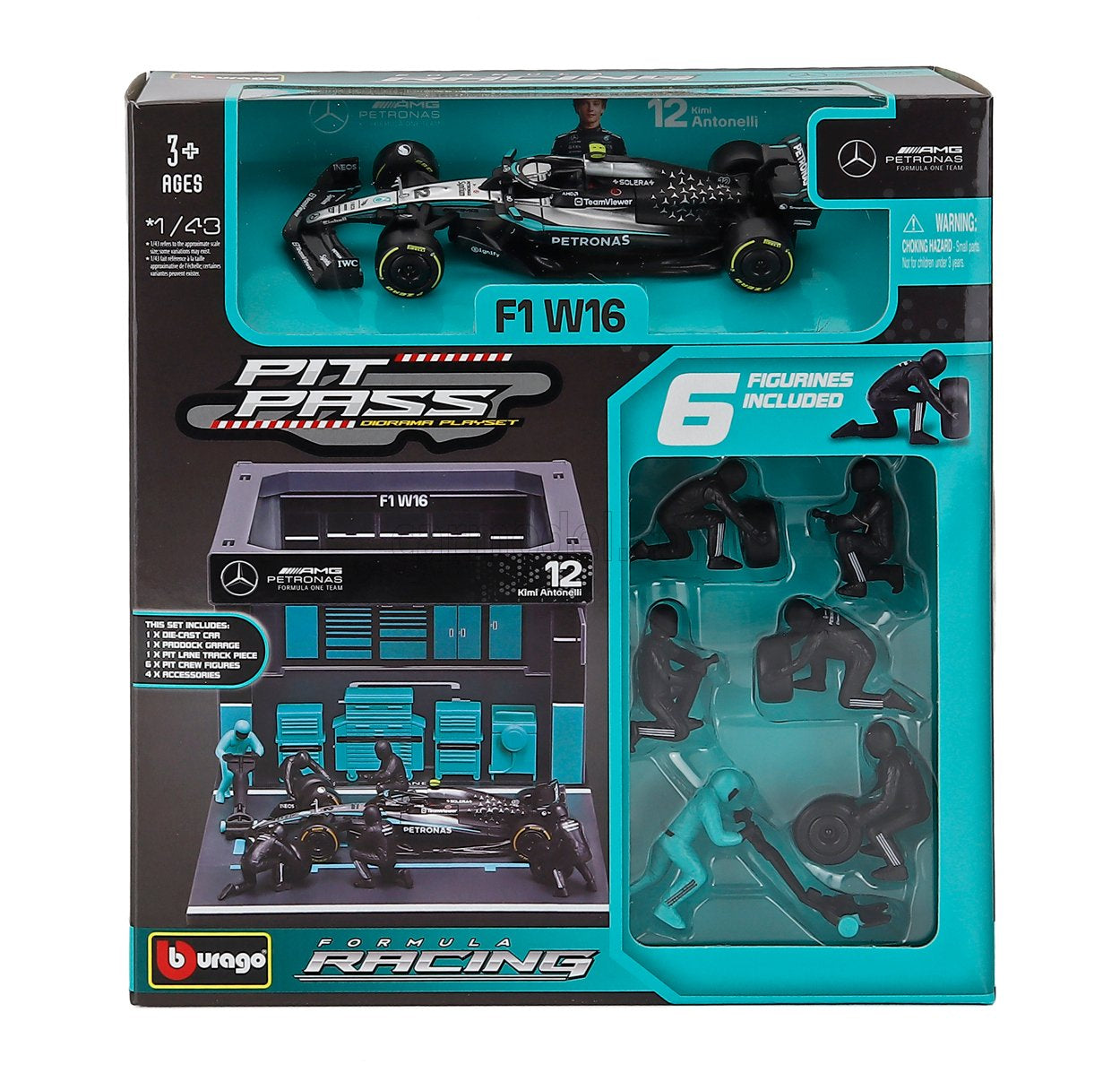 Burago 38458A Mercedes F1 W16 2025 Pit Pass Diorama Antonelli 1:43 Scale *PRE ORDER £23.74*