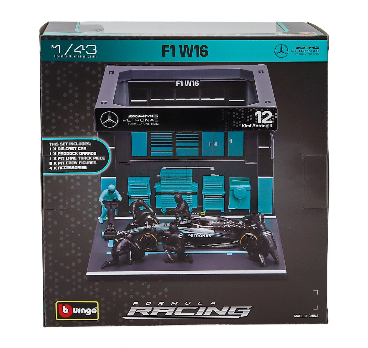 Burago 38458A Mercedes F1 W16 2025 Pit Pass Diorama Antonelli 1:43 Scale *PRE ORDER £23.74*