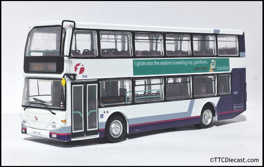 OMNIDEKKA / Britbus ES-22a Scania Omnidekka, First Bus, First Bluebird, Rte X6 Haymarket 1:76 Scale