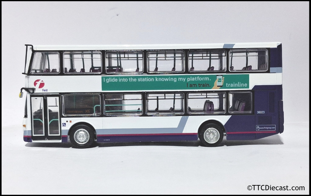 OMNIDEKKA / Britbus ES-22a Scania Omnidekka, First Bus, First Bluebird, Rte X6 Haymarket 1:76 Scale