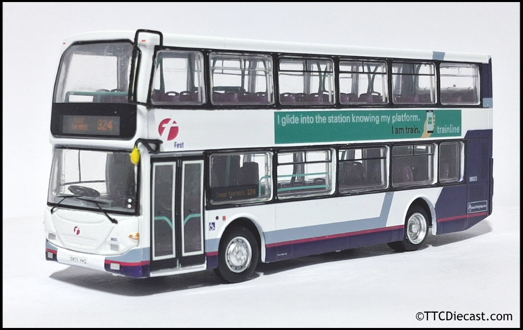 OMNIDEKKA / Britbus ES-22b Scania Omnidekka, First Bus, First Bluebird, Rte 324 Dollar The Ness 1:76 Scale
