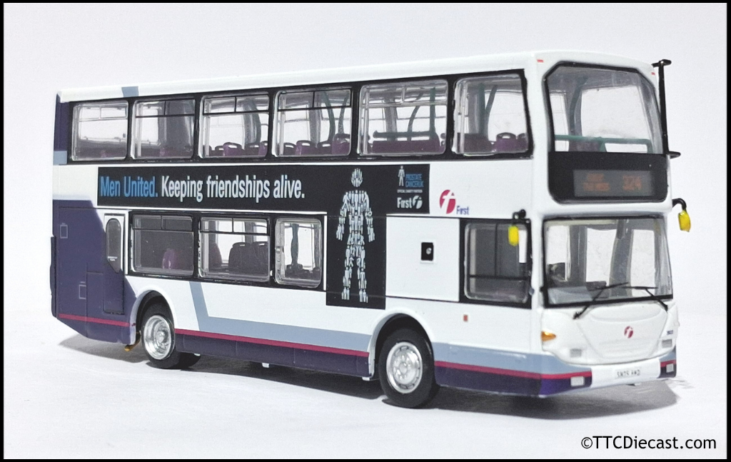 OMNIDEKKA / Britbus ES-22b Scania Omnidekka, First Bus, First Bluebird, Rte 324 Dollar The Ness 1:76 Scale