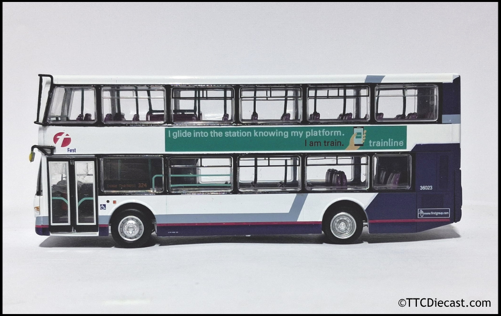 OMNIDEKKA / Britbus ES-22b Scania Omnidekka, First Bus, First Bluebird, Rte 324 Dollar The Ness 1:76 Scale