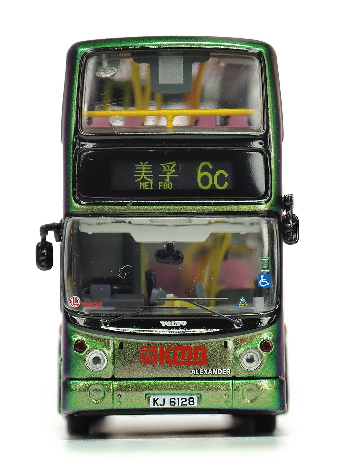 80m KMB2020025 KMB Volvo Super Olympian 12m Green Bus Route #6C 1/76 Scale