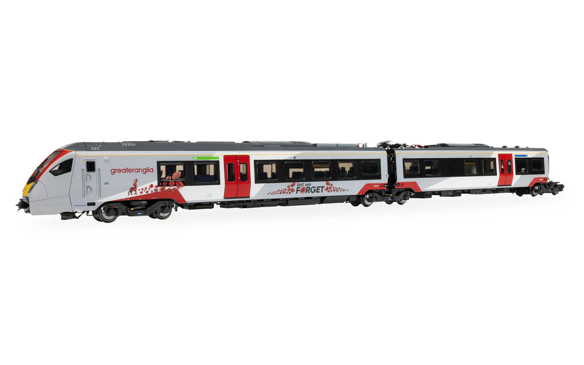 Hornby R30468 Flirt Greater Anglia Class 755 755414 Lest We Forget 4 Car Train Pack, OO Gauge *PRE ORDER £404.99*