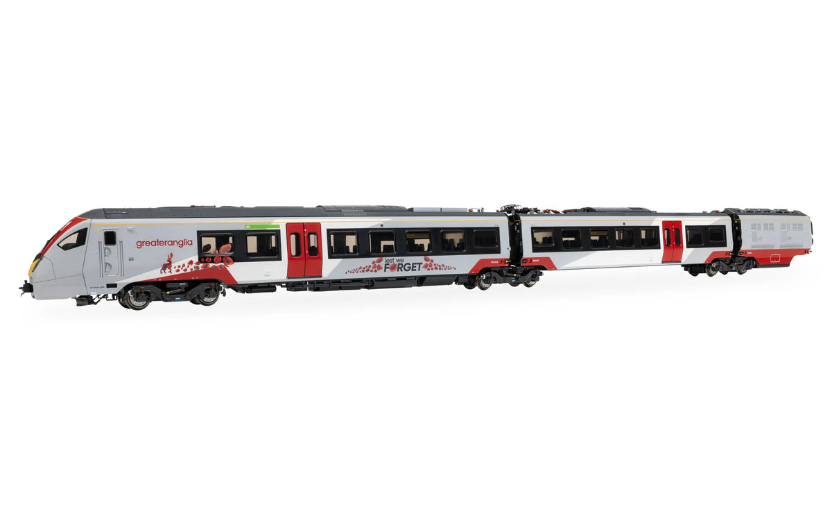 Hornby R30468 Flirt Greater Anglia Class 755 755414 Lest We Forget 4 Car Train Pack, OO Gauge *PRE ORDER £404.99*