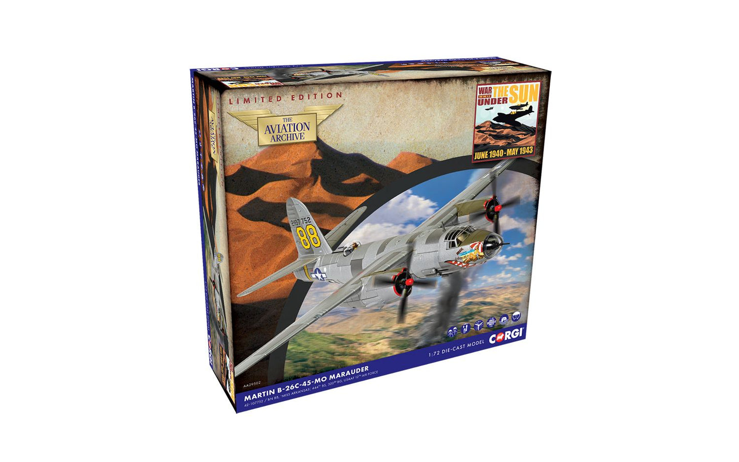 Corgi AA29502 Martin B-26C-45-MO Marauder, 42-107752 / BN 88 ‘Miss Arkansas’, USAAF 12th Air Force, Decimomannu Airfield, Sardinia, 1944 1:72  Scale *PRE ORDER £110.49*