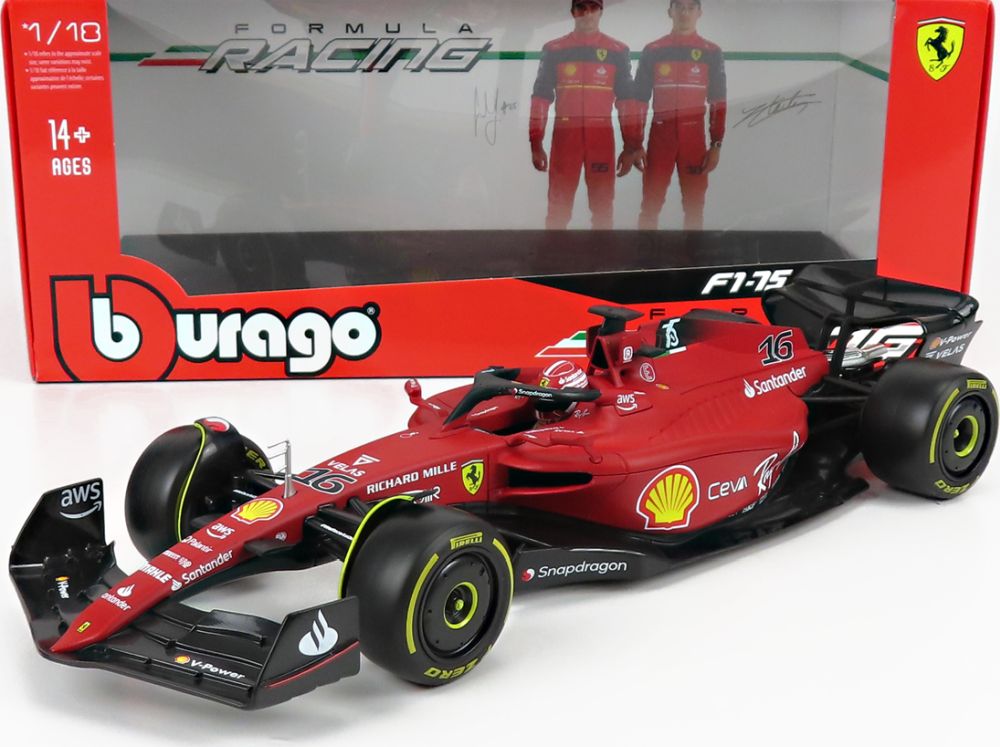 Burago 16811LE Ferrari F1-75 #16 2022 Charles Leclerc Scuderia Ferrari-Yellow Wall(medium) Tyres, 1:18 Scale