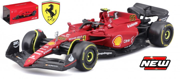 Burago 36831S Ferrari F1-75 #55 2022 (Case) C.Sainz Scuderia Ferrari w/Helmet and Showcase, 1:43 Scale