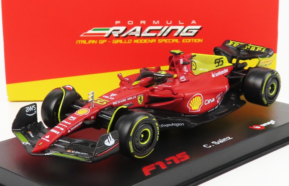 Burago 36831SA-MONZA Ferrari F1-75 Scuderia #55 4th Monza GP Italy 2022 Sainz w/Helmet + Case 1:43 Scale *PRE ORDER £26.99*