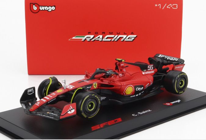 Burago 36835S Ferrari F1 #55 Carlos Sainz 2023 Season Car w/Helmet and Case, 1:43 Scale