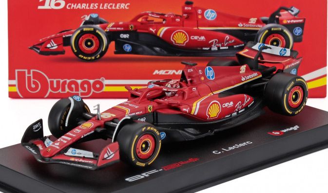 Burago 36843-L-MONACO Ferrari F1 SF-24 #16 Winner Monaco GP 2024 Charles Leclerc w/Driver/Showcase, 1:43 Scale
