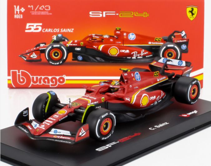 Burago 36843-S-MONZA Ferrari F1 SF-24 #55 4th Monza GP (09129) GP 2024 Carlos Sainz w/Pilot + Showcase, 1:43 Scale