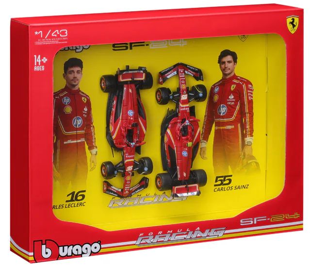 Burago 36856 Ferrari F1 SF-24 #16 Charles Leclerc + #55 Carlos Sainz 2024 2 Car Set, 1:43 Scale