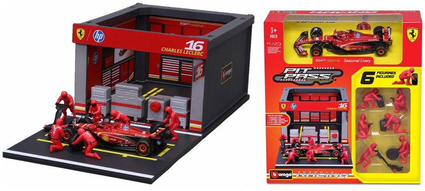 Burago 36865L Ferrari F1 SF-25 2025 Pit Pass Diorama Leclerc, 1:43 Scale