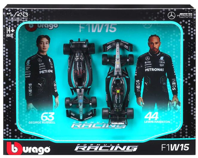 Burago 38115 Mercedes F1 W15 #44 Hamilton + #63 Russell 2024 2 Car Set, 1:43 Scale