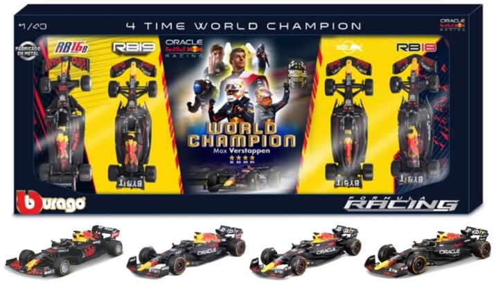 Burago 38213 Red Bull F1 - 4 x World Champion Set Max Verstappen RB16B/RB18/RB19/RB20, 1:43 Scale