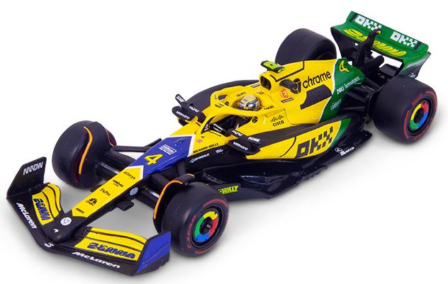 Burago 38215NS McLaren F1 MCL38 F1 2024 Norris Senna Livery w/Helmet - Cased, 1:43 Scale