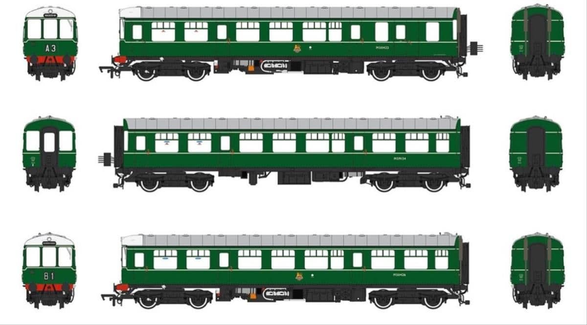 Heljan 1450 Class 104 3 Car DMU M50422/M59134/M50426 BR Early Green, OO Gauge
