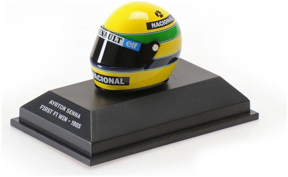 Minichamps 540 308512 Helmet, Ayrton Senna, First F1 Win -1985 1:8 Scale *PRE ORDER £31.44*