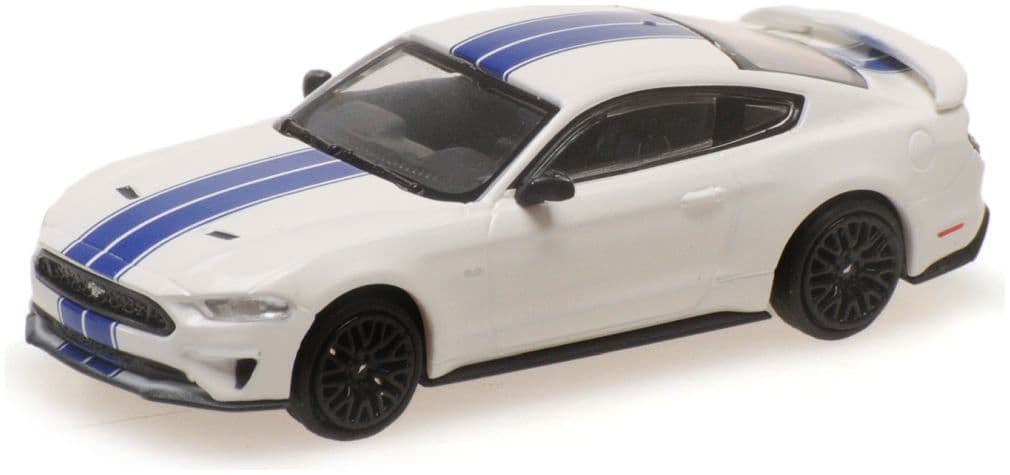 Minichamps 870 087026 Ford Mustang, 2018 White With Blue Stripes 1:87 Scale *PRE ORDER £22.94*