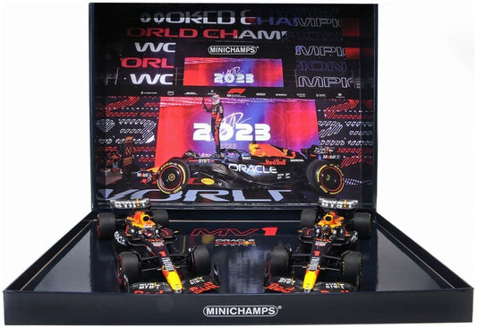 Minichamps 112 231801 Oracle Red Bull Racing RB19 2-Car-Set Max Verstappen Champion Qatar Sprint