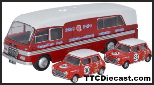 Oxford 76BMC003 BMC Car Transporter & Two Minis BMC Competitions