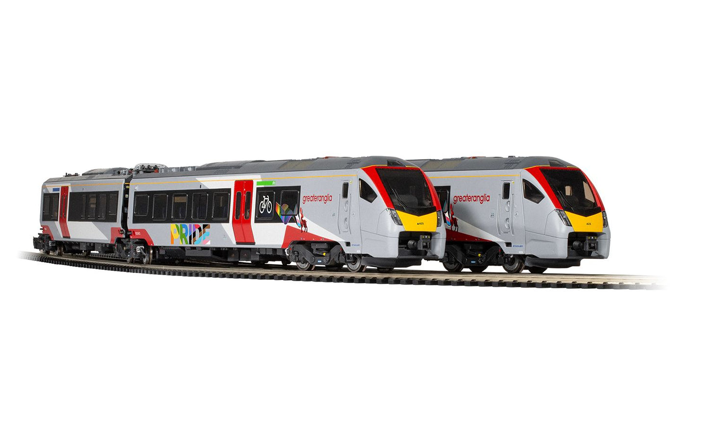 Hornby R30446 Greater Anglia Class 755-4 FLIRT 4 Car Pride Livery Train Pack, OO Gauge