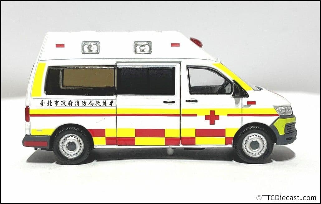 Tiny ATCTW64030 (TW50) VW T6 Transporter Ambulance Taiwan Taipei City Fire Dpt, 1/64 - LAST FEW