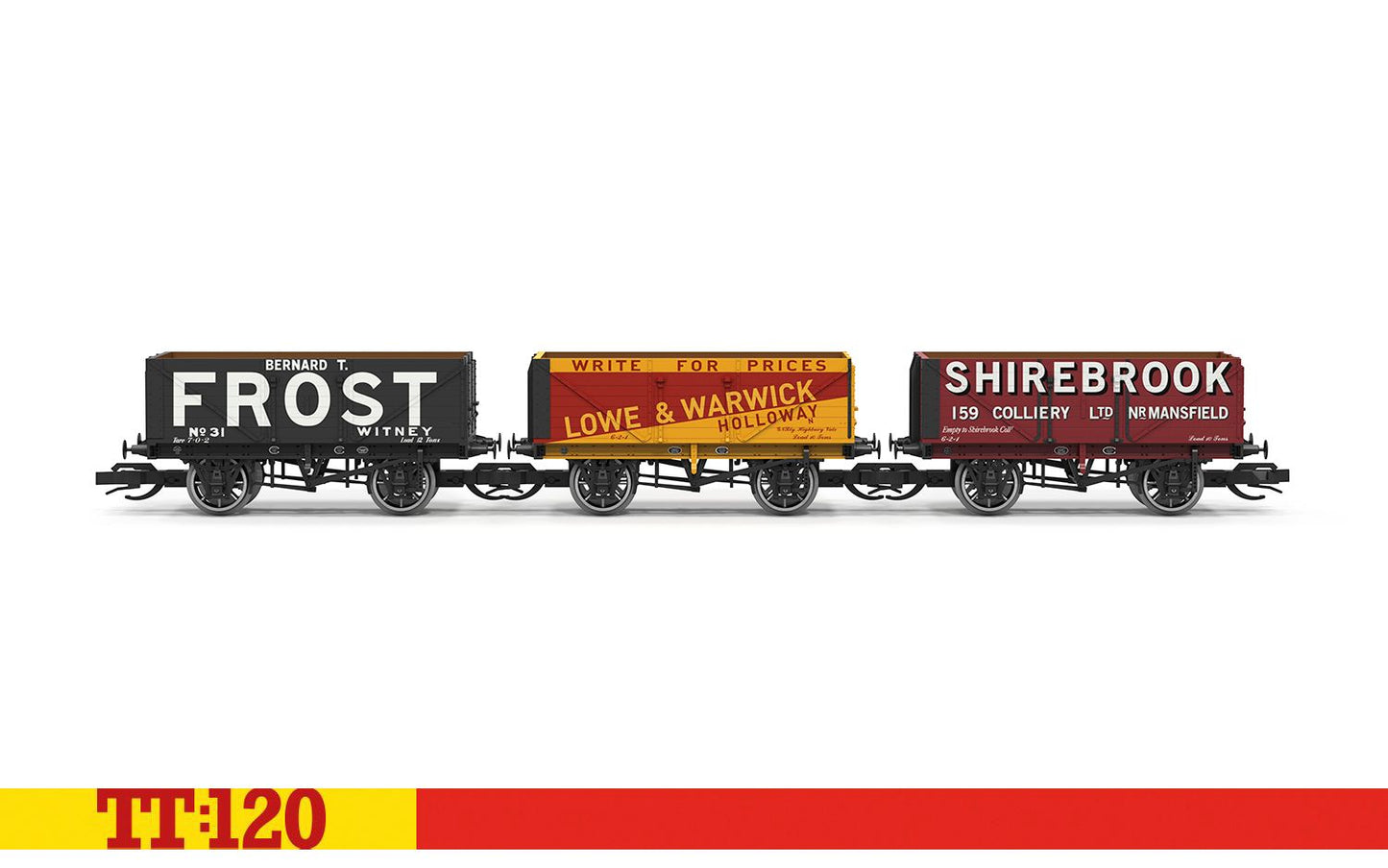 Hornby TT6042 7 Plank Wagon triple pack - Lowe & Warwick Bernard T Frost Shirebrook TT120 Gauge *PRE ORDER £62.99*